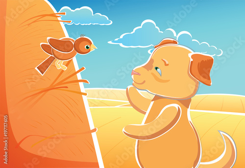 Vector  illustration for children landscape yellow field and bird in haystack meet dog