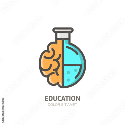 Vector logo icon, emblem with brain and lab flask. Abstract flat linear illustration. Design concept for business development, education, science and creativity.