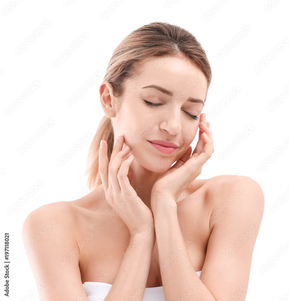 Young woman with beautiful silky skin on white background Young woman with beautiful silky skin on white background