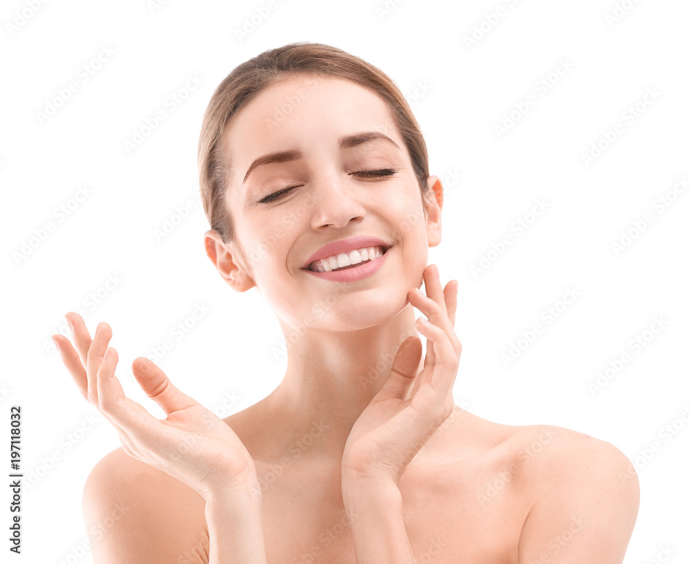 Young woman with beautiful silky skin on white background Young woman with beautiful silky skin on white background
