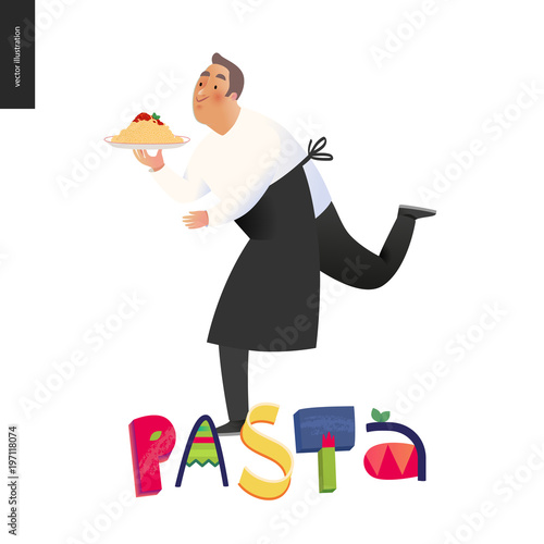 Italian restaurant set - a running waiter wearing the uniform holding a dish of pasta with red bolognese sauce and lettering Pasta, cartoon character