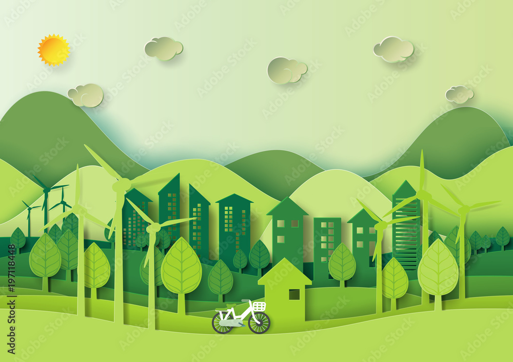 Save the world and environment concept.Eco green city and urban landscape for green energy paper art style.Vector illustration.