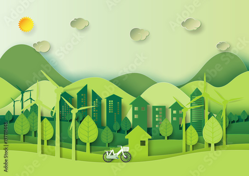 Save the world and environment concept.Eco green city and urban landscape for green energy paper art style.Vector illustration.