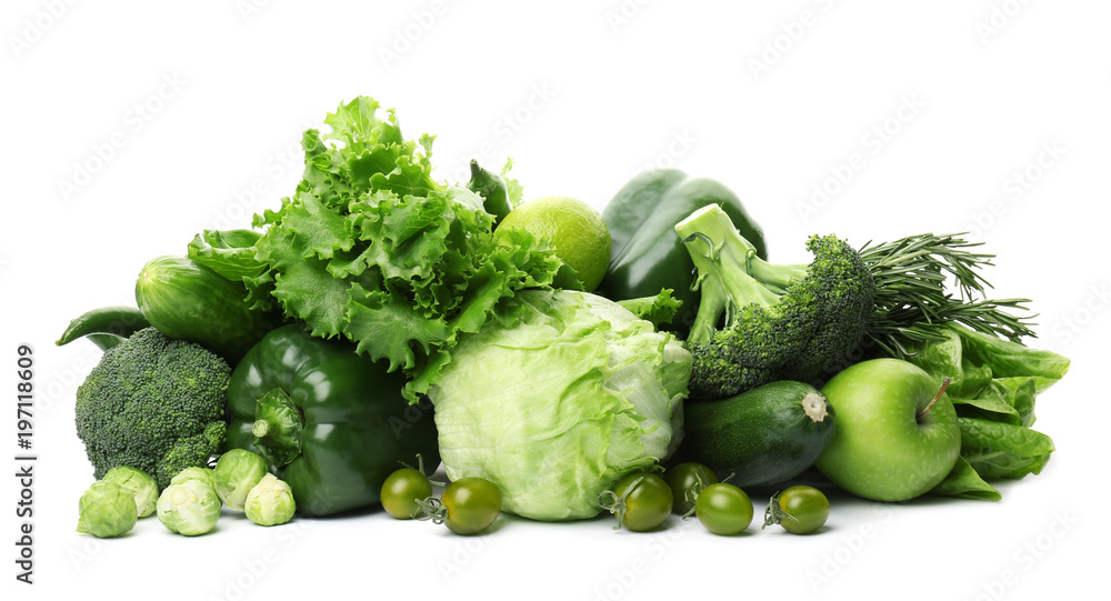Green vegetables and fruits on white background. Food photography Green vegetables and fruits on white background. Food photography