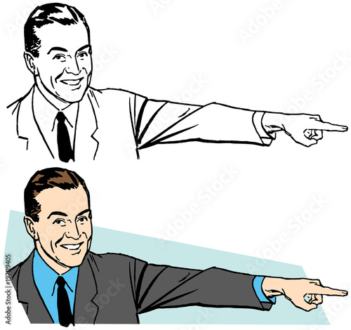 A smiling businessman pointing at something to the right. 