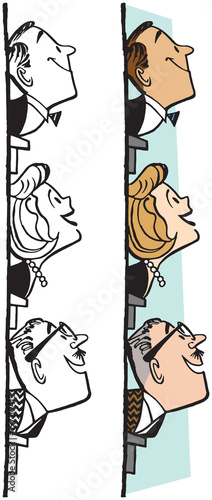 Three people looking up and out of their windows. 