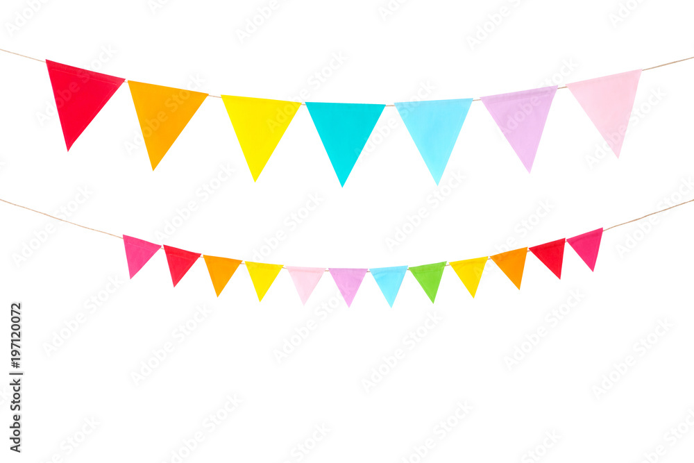 Colorful party flags isolated on white background, birthday, anniversary, celebrate event, festival greeting card background