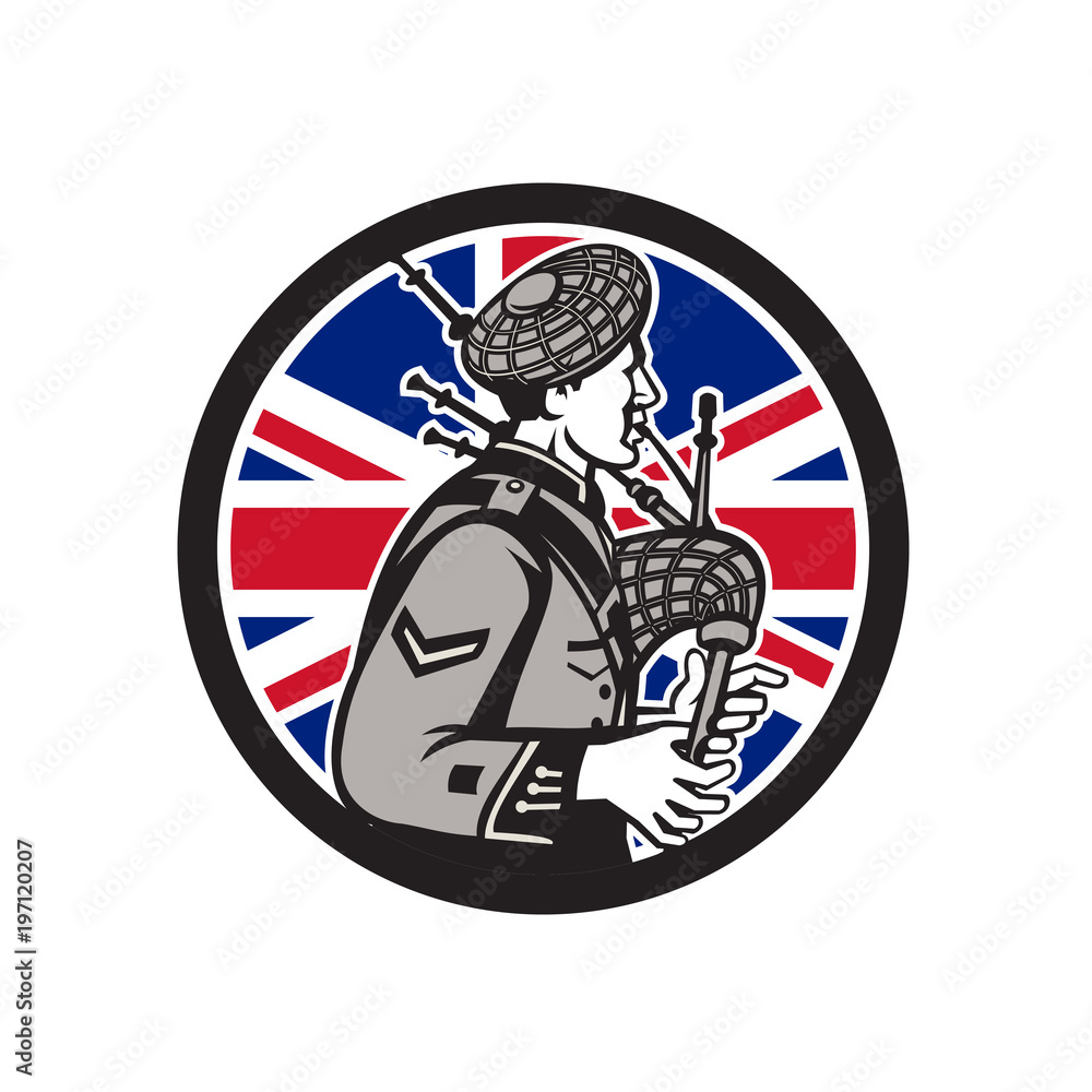 Icon retro style illustration of a British bagpiper playing the Scottish Great Highland bagpipes with United Kingdom UK, Great Britain Union Jack flag set inside circle on isolated background.