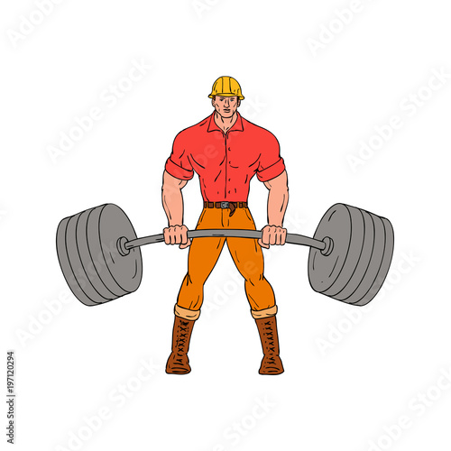 Cartoon style illustration of a buffed lumberjack, logger ,woodcutter, shanty boy, woodhick or timber cutter lifting a heavy weights barbell viewed from front wearing hard hat on isolated background.