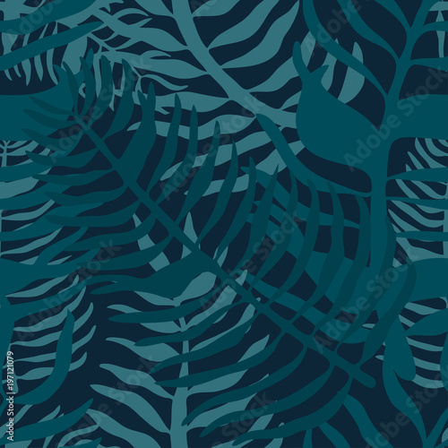 Tropical seamless pattern with palm leaves. Summer floral pattern with green palm foliage on dark background