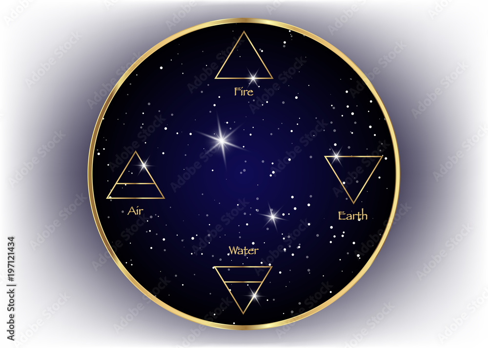 icon elements : Air , Earth , Fire and Water. Wiccan divination symbols.  Ancient occult golden symbols, background against dark blue starry night  sky, vector illustration Stock Vector | Adobe Stock