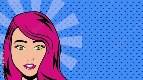 pop art face young beautiful woman rays on dots background