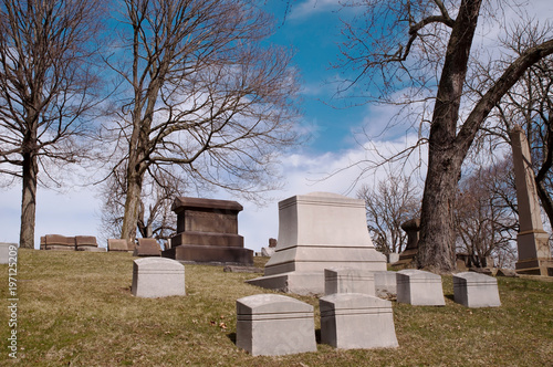 Gravestones on a hillside in a cemetery with bare winter trees behind it along with bright blue skies and white clouds 