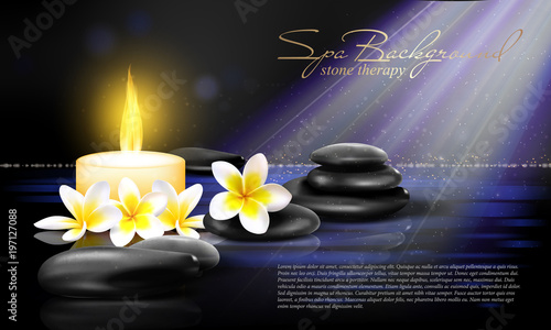 Still life with Spring blossom with white candle and black stones on dark background. Vector spa advertising template for poster, flyer, booklet etc.