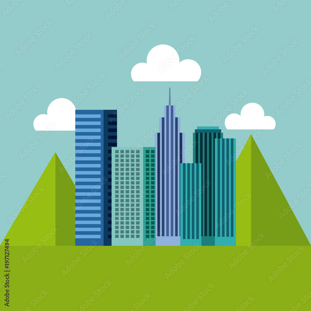 panorama buildings urban with mountains natural vector illustration