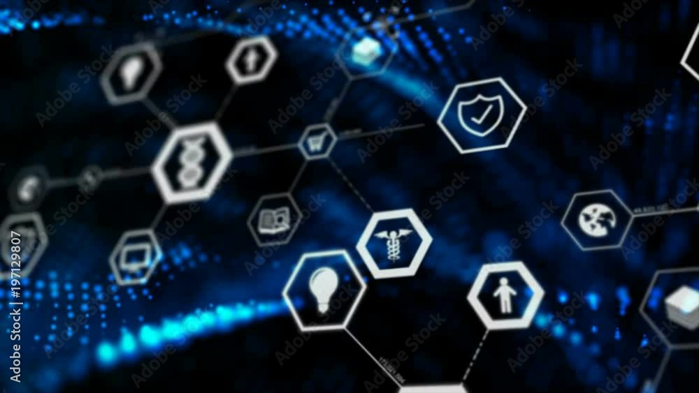 Abstract background icon on hexagon shape and particle moving on the dark for cyber futuristic concept with grain processed Abstract background icon on hexagon shape and particle moving on the dark for cyber futuristic concept with grain processed