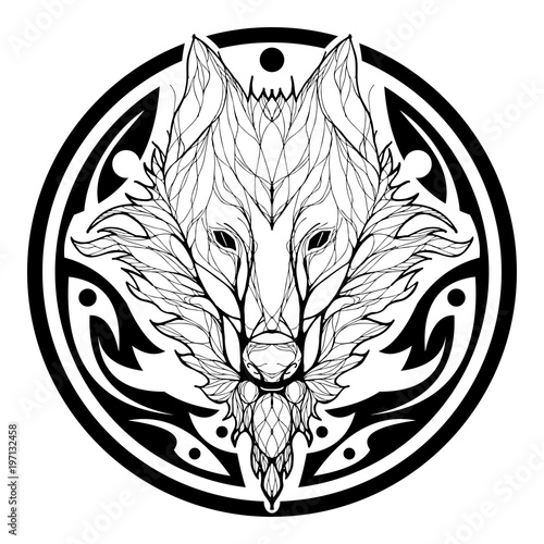 Wolf face double exposure with tree in Aztec tribal circle shape tattoo black silhouette vector with white background


