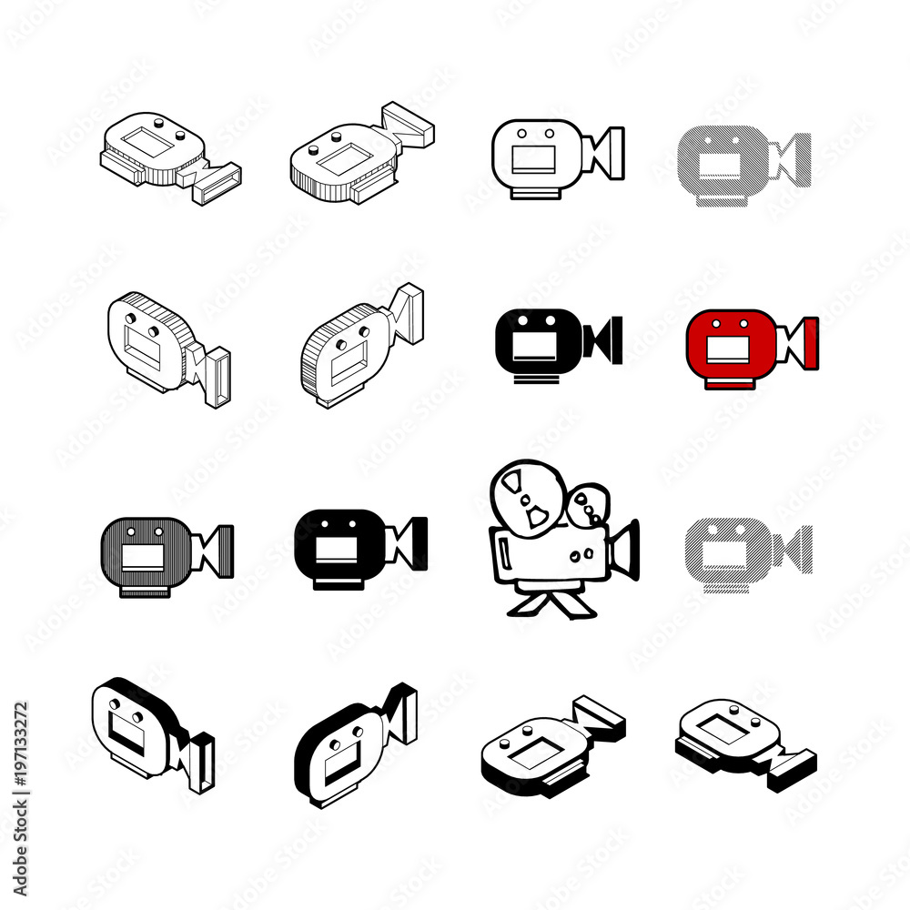 Set of Collection modern vector. Camera VDO icon multi type of 3d isometric, solid, line, scribble hatch, doodle, shadow isometric and a little colour on white background eps10 Set of Collection modern vector. Camera VDO icon multi type of 3d isometric, solid, line, scribble hatch, doodle, shadow isometric and a little colour on white background eps10