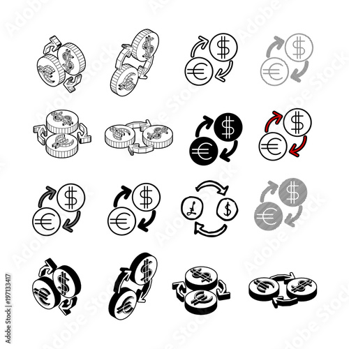 Set of Collection modern vector. Exchange icon multi type of 3d isometric, solid, line, scribble hatch, doodle, shadow isometric and a little colour on white background eps10