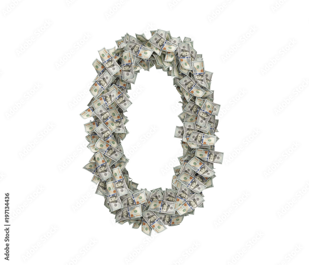 3d rendering of a large number 0 made of many USD hundred bills on a white background. 3d rendering of a large number 0 made of many USD hundred bills on a white background.