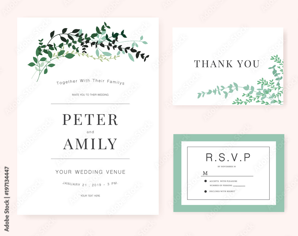 Wedding invitation Card template with green plant