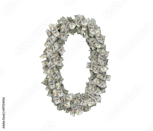 3d rendering of a large number 0 made of many USD hundred bills on a white background.