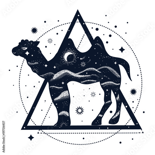 Camel and desert double exposure tattoo art style. Sacred geometry. Isolated vintage vector illustration