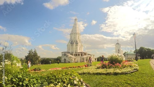 temple and flower beds in city park timelapse