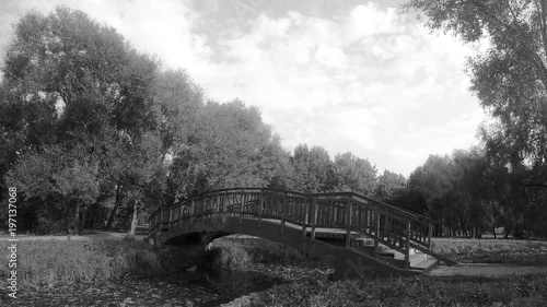 City park and wooden bridge black and white timelapse