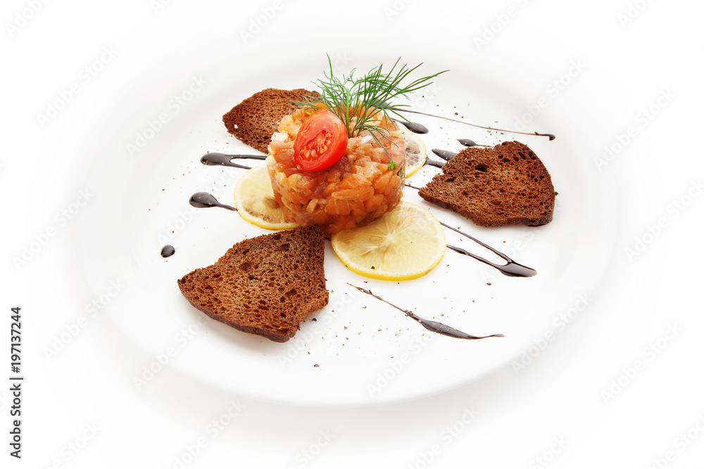 Toast with salad, lemon and tomatoes on white background Toast with salad, lemon and tomatoes on white background