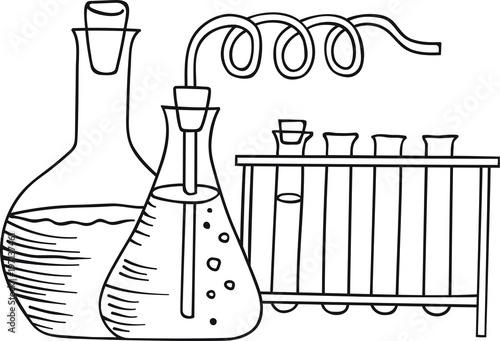 Hand Drawn Doodle Sketch Line Art Vector Illustration of Glass Chemical Retorts and Test-Tubes. Student Course Chemistry Emblem Poster Banner Black Outline Design Element Template