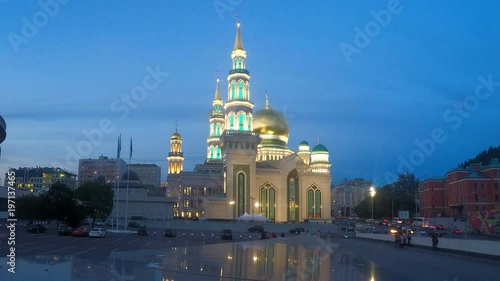 mosque in the evening in the center of the city timelapse