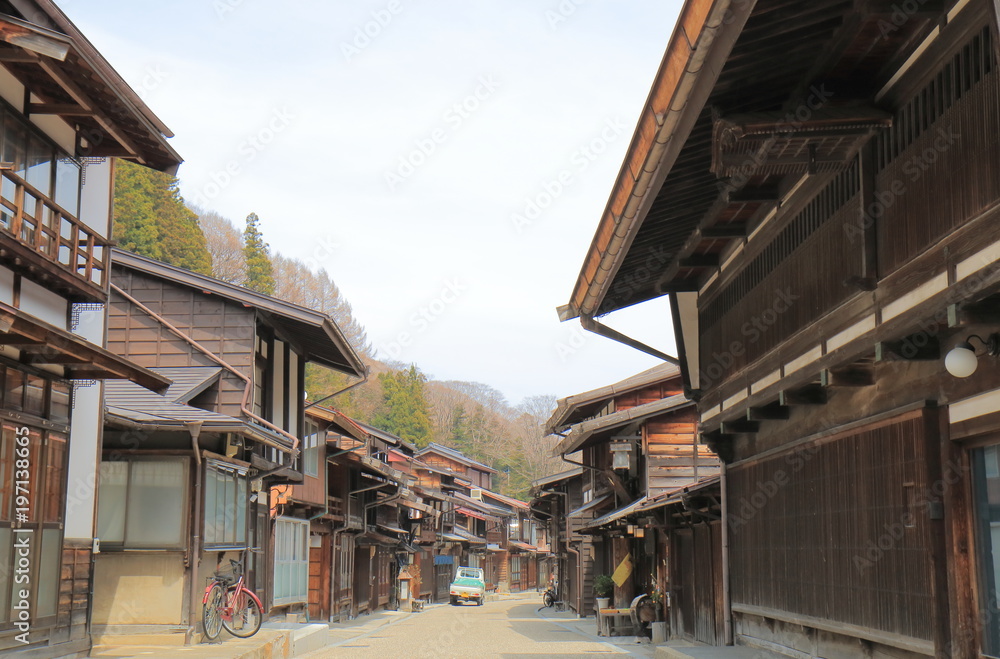 Naraijyuku historical house street in Kiso Nagano Japan. Naraijyuku is famous for preserved traditional houses and accommodation.
