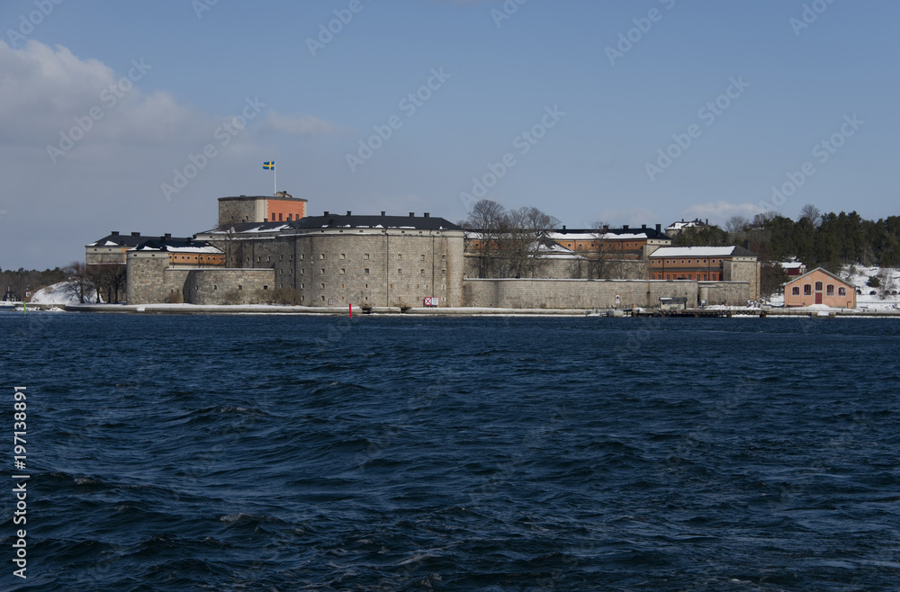 Winter day at Vaxholm and its fort from 1544, defensline outside Stockholm and the walls of the fortress