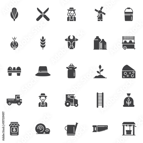 Agriculture vector icons set, modern solid symbol collection, filled style pictogram pack. Signs, logo illustration. Set includes icons as corn, shears, farmer female, windmill, bucket, onion, wheat