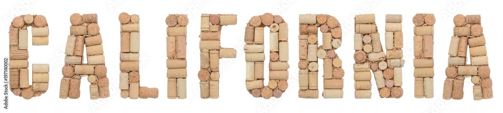 Wine region of USA California made of wine corks Isolated on white background
