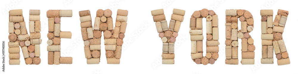 Wine region of USA New York made of wine corks Isolated on white background
