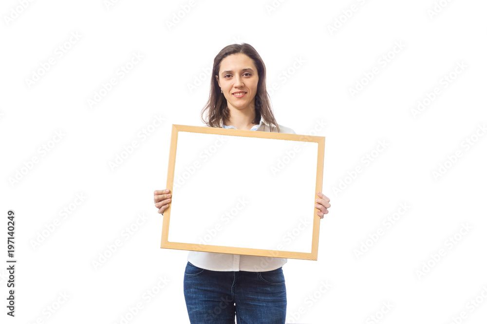 business woman standing behind a blank board on white background business woman standing behind a blank board on white background