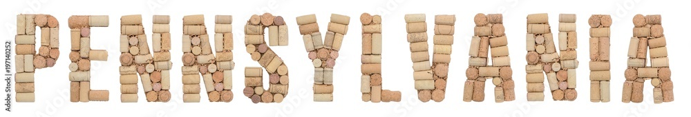 Wine region of USA Pennsylvania made of wine corks Isolated on white background