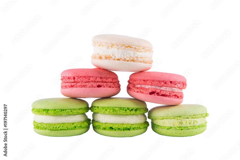 6 macaron cookies of different colors, on white background 6 macaron cookies of different colors, on white background