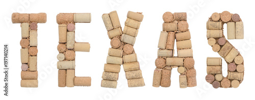 Wine region of USA Texas made of wine corks Isolated on white background