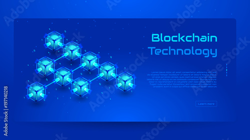 Blockchain isometric concept banner. Modern Concept of Digital Technology in the Shape of Block Chain net. Vector Illustration.