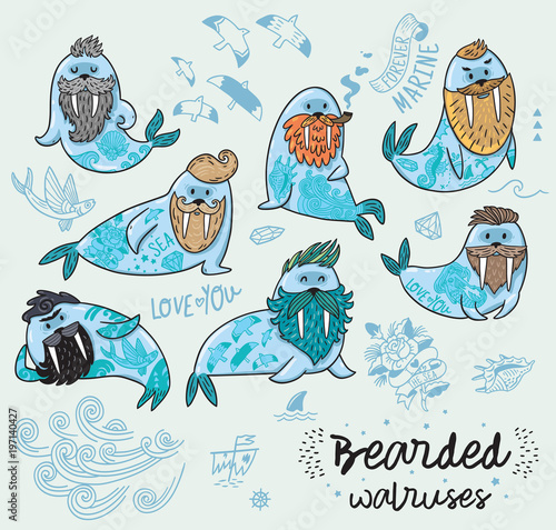 Hipster walruses with beards and tattoos in cartoon style. Vector illustration