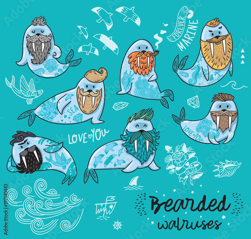 Hipster walruses with beards and tattoos in cartoon style. Vector illustration