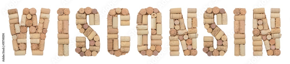 State Wisconsin of USA made of wine corks Isolated on white background