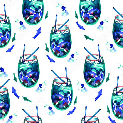 Blue lagoon cocktail. Watercolor seamless pattern on white background
