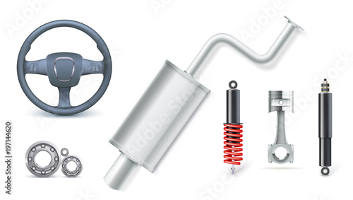 Icons of Car parts for auto services. Various car accessories isolated on white. Bearings kit, shock absorber, piston, shock absorber, spring, automotive silencer, steering wheel 3D illustration