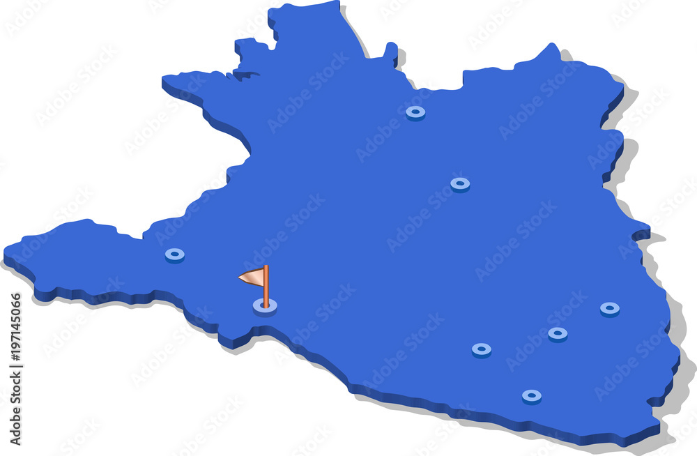 Obraz premium 3d isometric view map of Burundi with blue surface and cities. Isolated, white background