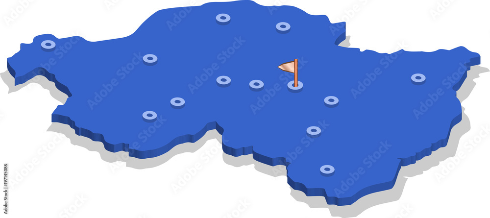 3d isometric view map of Rwanda with blue surface and cities. Isolated, white background