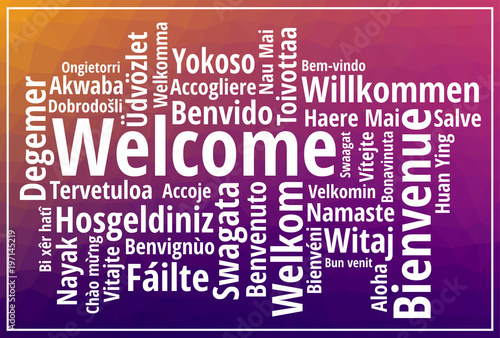 Welcome sign wordcloud on purple low poly background